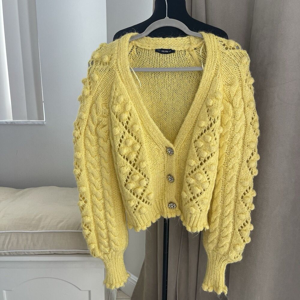 Dilvin Knit Bobble Yellow Cable Knit Jewel Buttons Scalloped Hem Cardigan M - Picture 6 of 15